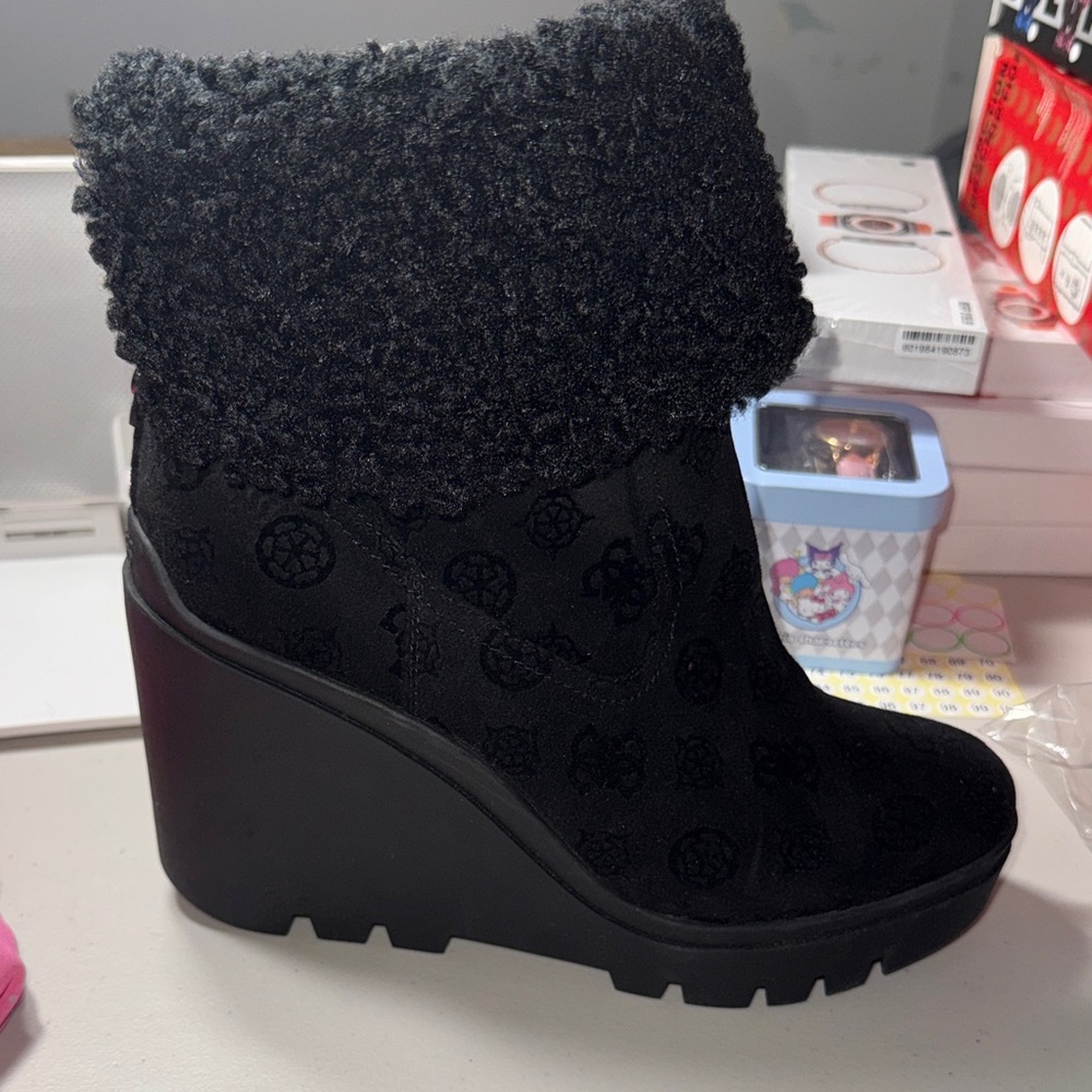 Guess Black Textured Wedge Boots